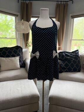 Free People Navy Polka Dot Halter Shorts Romper with Cream Bow Accents